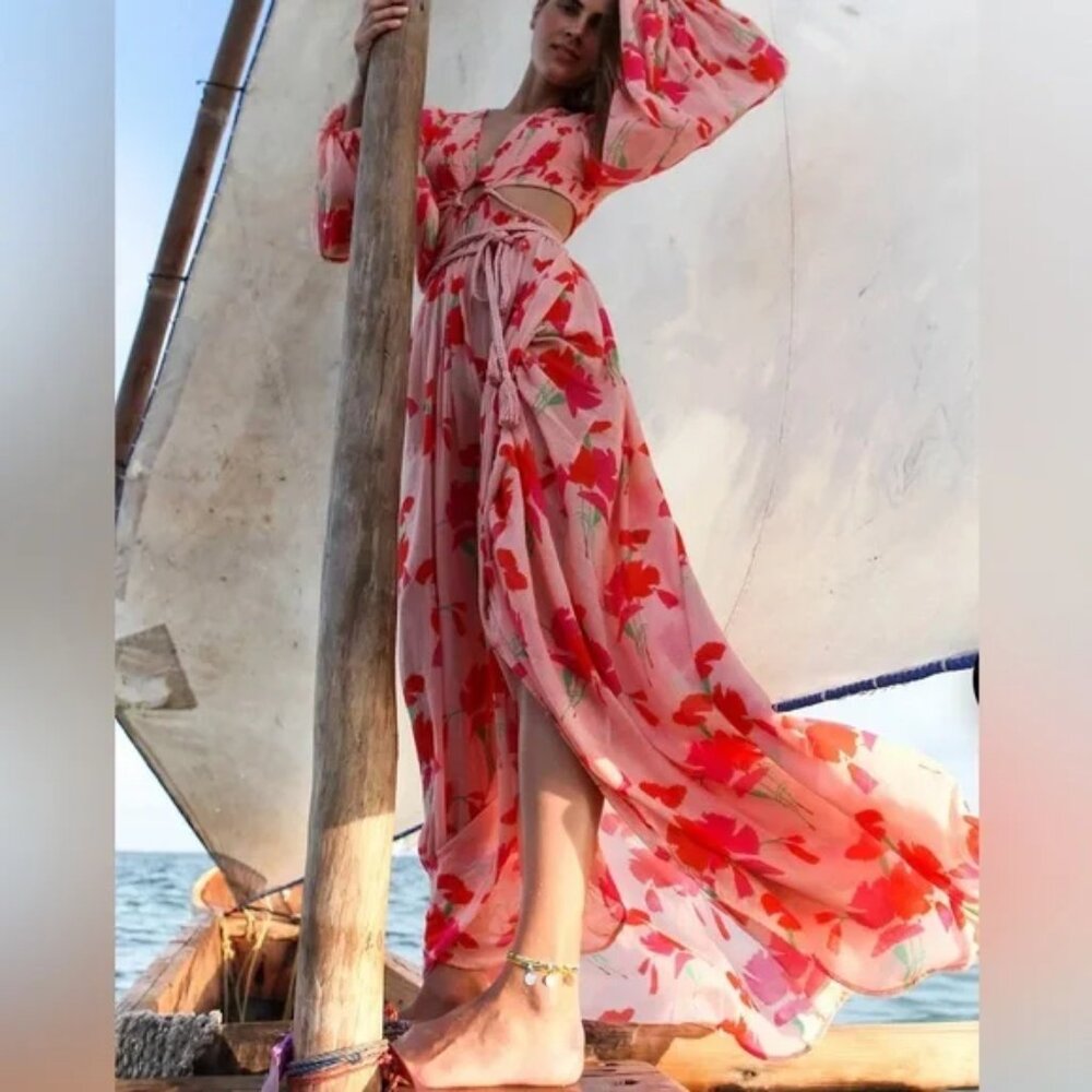 Miguelina Leonie Maxi Dress Flowy Bishop Sleeve Pink Red Floral Cutout Tie waist